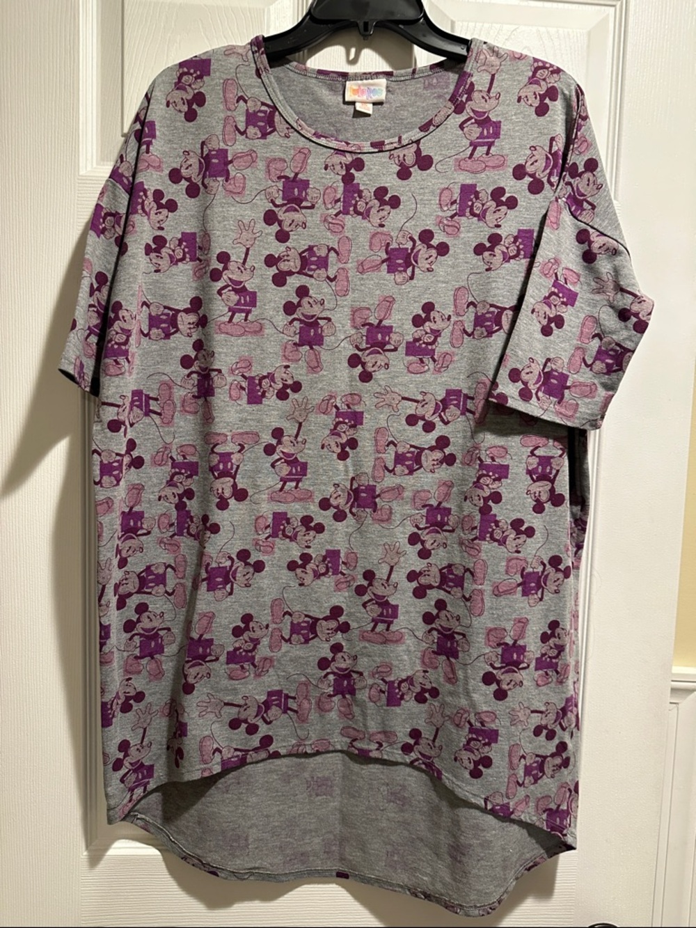 LuLaRoe Gray Tee with Purple Mickey Silhouettes